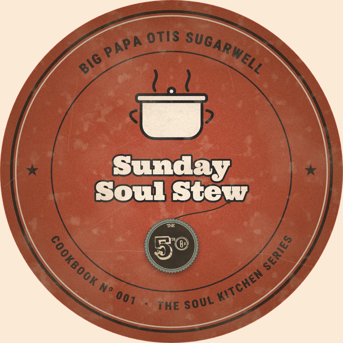 Round tomato-red cookbook cover: Sunday Soul Stew by Big Papa Otis Sugarwell, with a 5to8s price tag