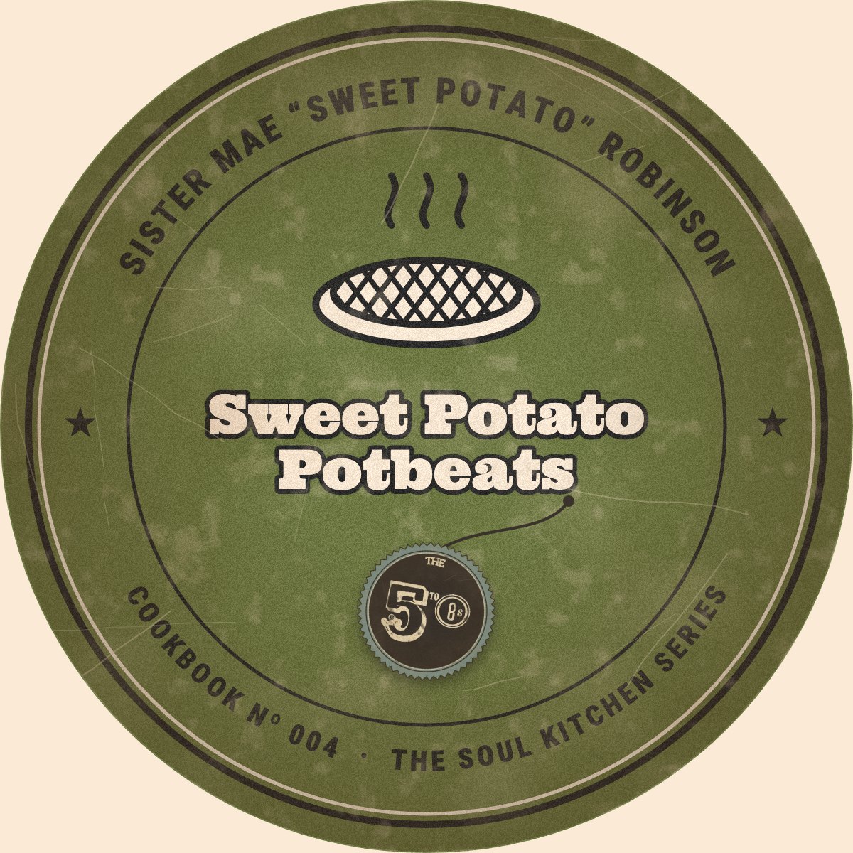 Round olive-green cookbook cover: Sweet Potato Potbeats by Sister Mae “Sweet Potato” Robinson, with a 5to8s price tag